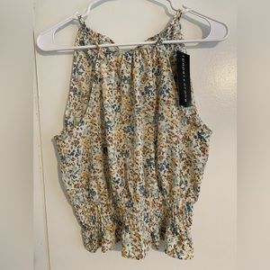 NWT Size Medium Cream & Blue Halter Neck Tank Top, Tie in Back